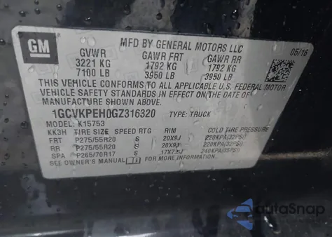 2016 Chevrolet Silverado 1500 Custom from USA, damaged, VIN 1GCVKPEH0GZ316320